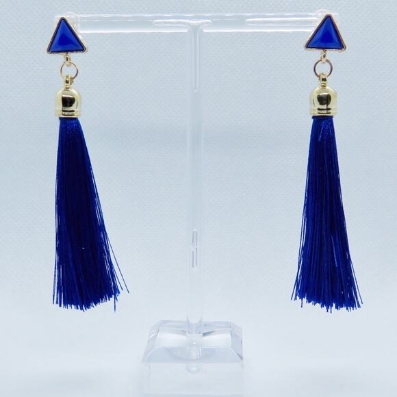 Zara Blue Triangle Stud Tassel Earrings - Picture 2 of 3